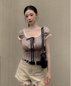 ブラウス リボンチェックキャミソールリ BEIGE