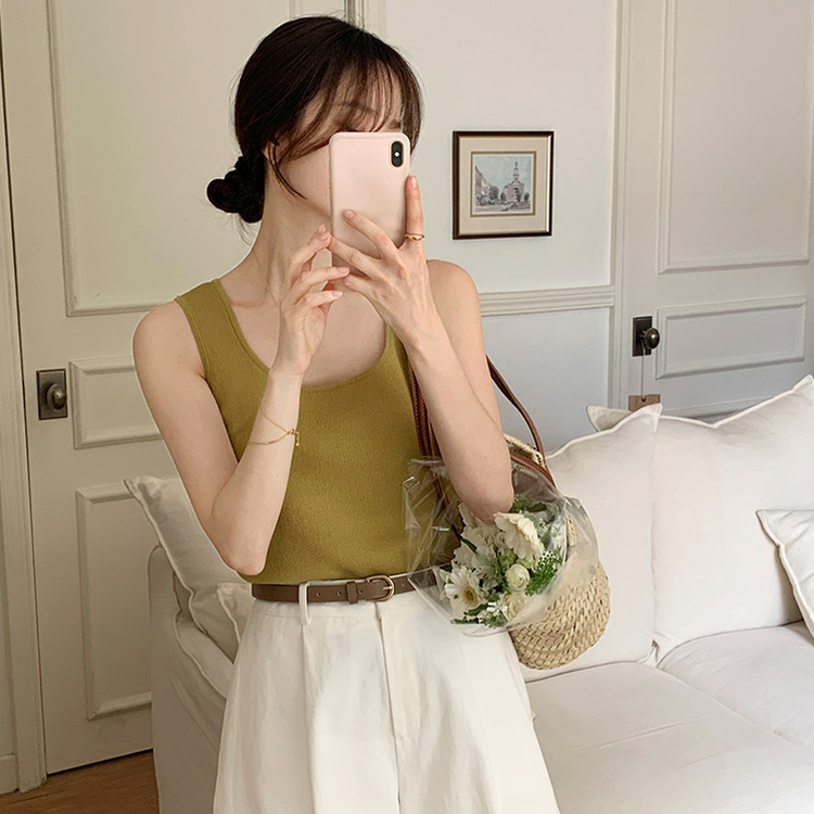 (MADE/夏の定番／脇肉カバー／美カラー♥）ノエル スクエアネック ニット スリーブレス OLIVE