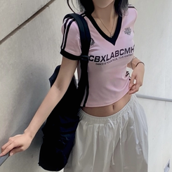 半袖Tシャツ レトロトラックライン半袖Tシャツ PINK