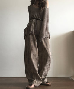 コットンパンツ ストライプロングバンディングパンツ DEEP BEIGE