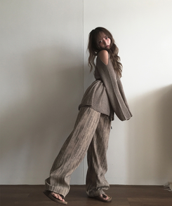 コットンパンツ ストライプロングバンディングパンツ DEEP BEIGE