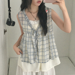 ブラウス レイヤードチェックキャミソール LIGHT GRAY