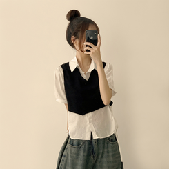 シャツ 【SET】レイヤード半袖ブラウス ニットベスト(5color) BLACK