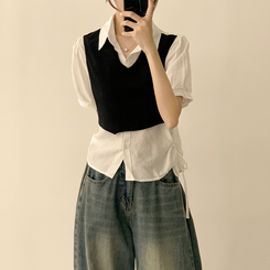 シャツ 【SET】レイヤード半袖ブラウス ニットベスト(5color) BLACK
