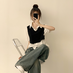 シャツ 【SET】レイヤード半袖ブラウス ニットベスト(5color) BLACK