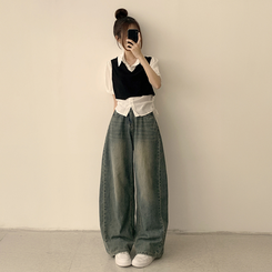 シャツ 【SET】レイヤード半袖ブラウス ニットベスト(5color) BLACK