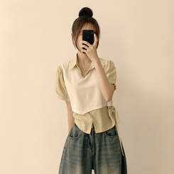 シャツ 【SET】レイヤード半袖ブラウス ニットベスト(5color) IVORY