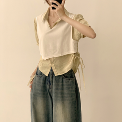 シャツ 【SET】レイヤード半袖ブラウス ニットベスト(5color) IVORY