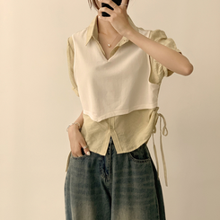 シャツ 【SET】レイヤード半袖ブラウス ニットベスト(5color) IVORY