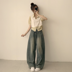シャツ 【SET】レイヤード半袖ブラウス ニットベスト(5color) IVORY