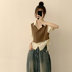 シャツ 【SET】レイヤード半袖ブラウス ニットベスト(5color) BROWN