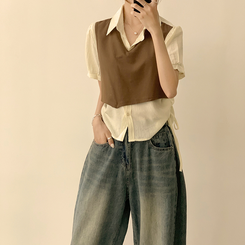 シャツ 【SET】レイヤード半袖ブラウス ニットベスト(5color) BROWN