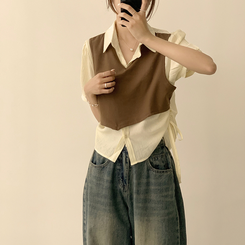 シャツ 【SET】レイヤード半袖ブラウス ニットベスト(5color) BROWN