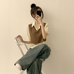 シャツ 【SET】レイヤード半袖ブラウス ニットベスト(5color) BROWN