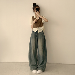 シャツ 【SET】レイヤード半袖ブラウス ニットベスト(5color) BROWN