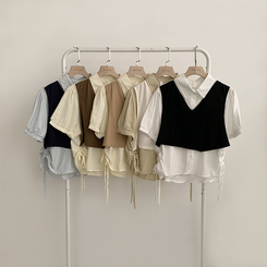 シャツ 【SET】レイヤード半袖ブラウス ニットベスト(5color)