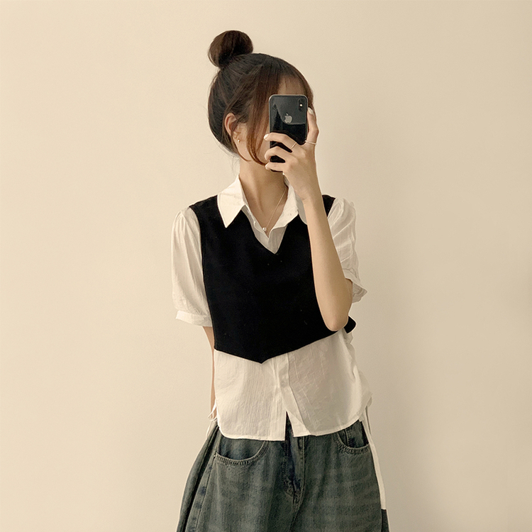 【SET】レイヤード半袖ブラウス ニットベスト(5color) BLACK