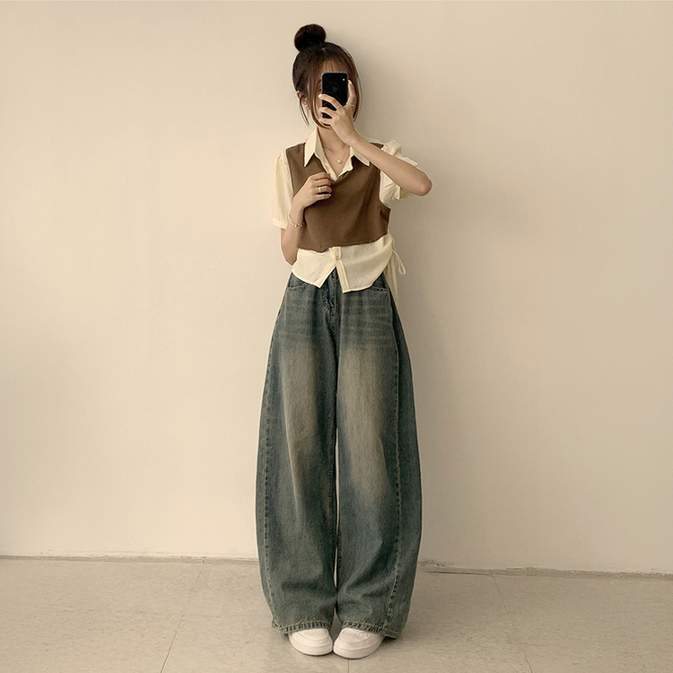 【SET】レイヤード半袖ブラウス ニットベスト(5color) BROWN