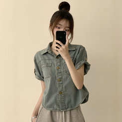 シャツ ロールアップボタンデニム半袖シャツ LIGHT BLUE