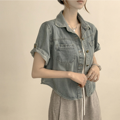 シャツ ロールアップボタンデニム半袖シャツ LIGHT BLUE