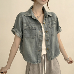 シャツ ロールアップボタンデニム半袖シャツ LIGHT BLUE