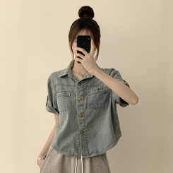 シャツ ロールアップボタンデニム半袖シャツ LIGHT BLUE