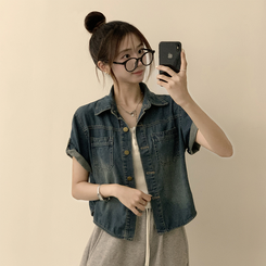 シャツ ロールアップボタンデニム半袖シャツ MID DENIM