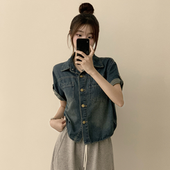 シャツ ロールアップボタンデニム半袖シャツ MID DENIM