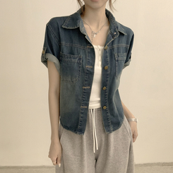 シャツ ロールアップボタンデニム半袖シャツ MID DENIM