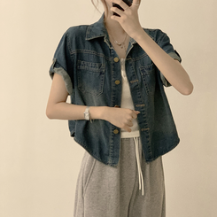 シャツ ロールアップボタンデニム半袖シャツ MID DENIM