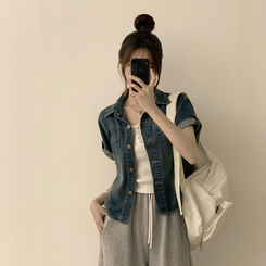 シャツ ロールアップボタンデニム半袖シャツ MID DENIM
