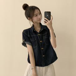 シャツ ロールアップボタンデニム半袖シャツ DEEP DENIM