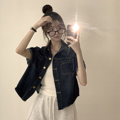シャツ ロールアップボタンデニム半袖シャツ DEEP DENIM