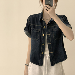 シャツ ロールアップボタンデニム半袖シャツ DEEP DENIM