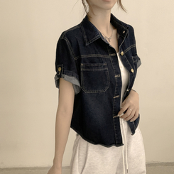 シャツ ロールアップボタンデニム半袖シャツ DEEP DENIM