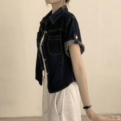シャツ ロールアップボタンデニム半袖シャツ DEEP DENIM