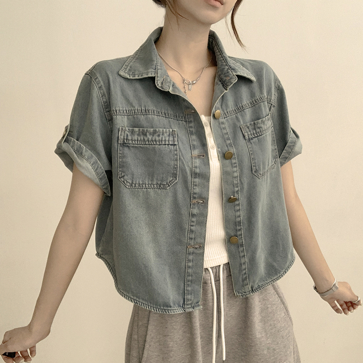 ロールアップボタンデニム半袖シャツ LIGHT BLUE