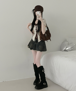 カーディガン バイカラーホールター半袖カーディガン BEIGE