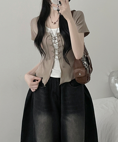 カーディガン バイカラーホールター半袖カーディガン BROWN