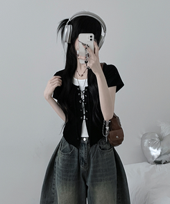 カーディガン バイカラーホールター半袖カーディガン BLACK