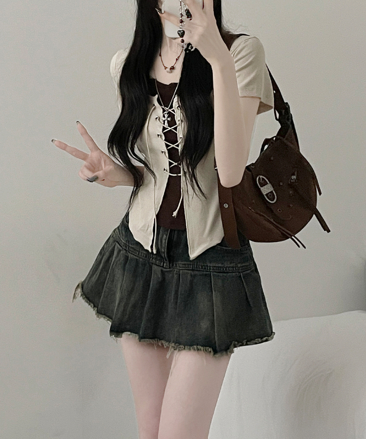 バイカラーホールター半袖カーディガン BEIGE