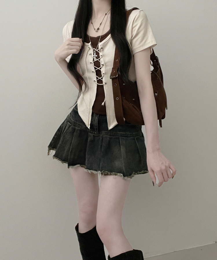 バイカラーホールター半袖カーディガン BEIGE
