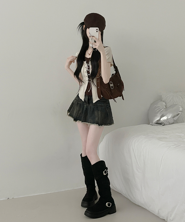 バイカラーホールター半袖カーディガン BEIGE