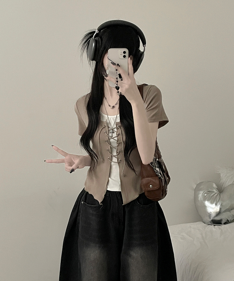 バイカラーホールター半袖カーディガン BROWN