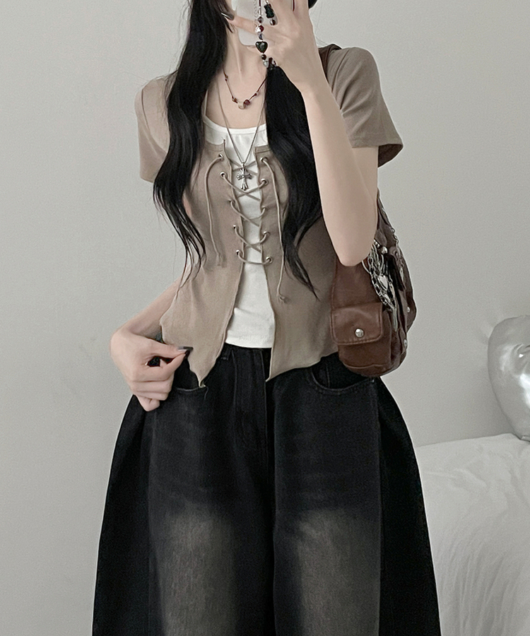 バイカラーホールター半袖カーディガン BROWN