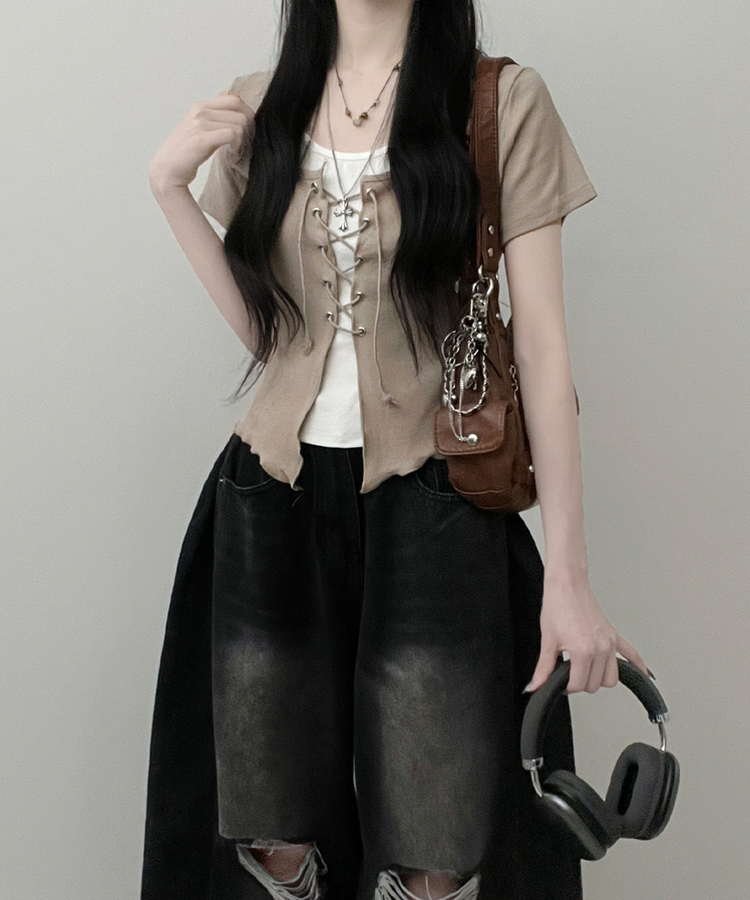 バイカラーホールター半袖カーディガン BROWN