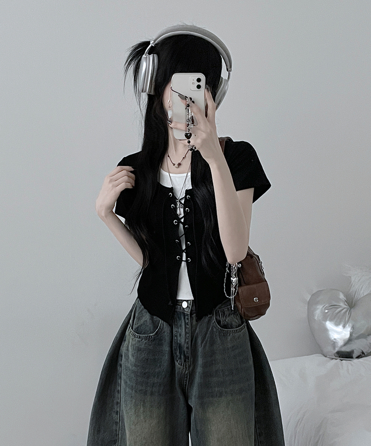 バイカラーホールター半袖カーディガン BLACK