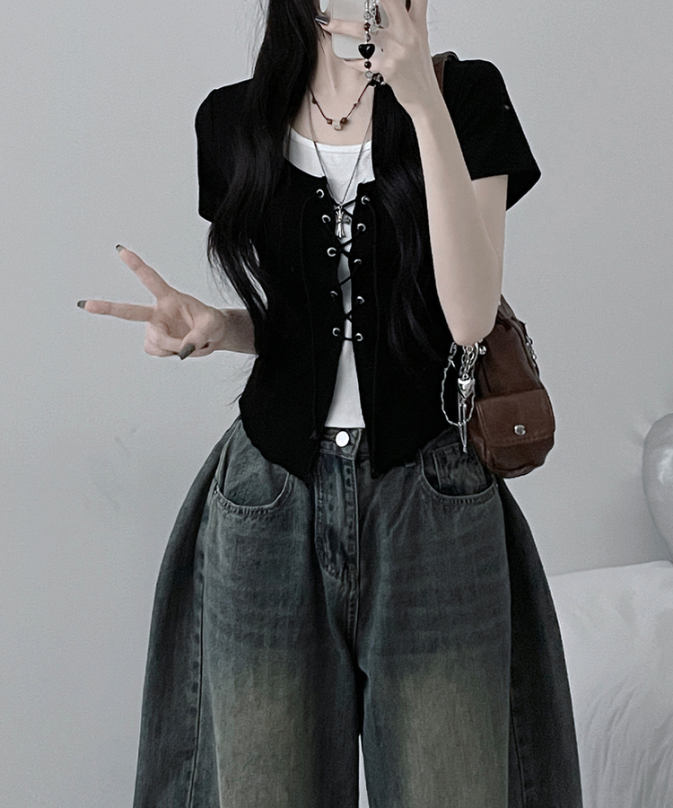 バイカラーホールター半袖カーディガン BLACK