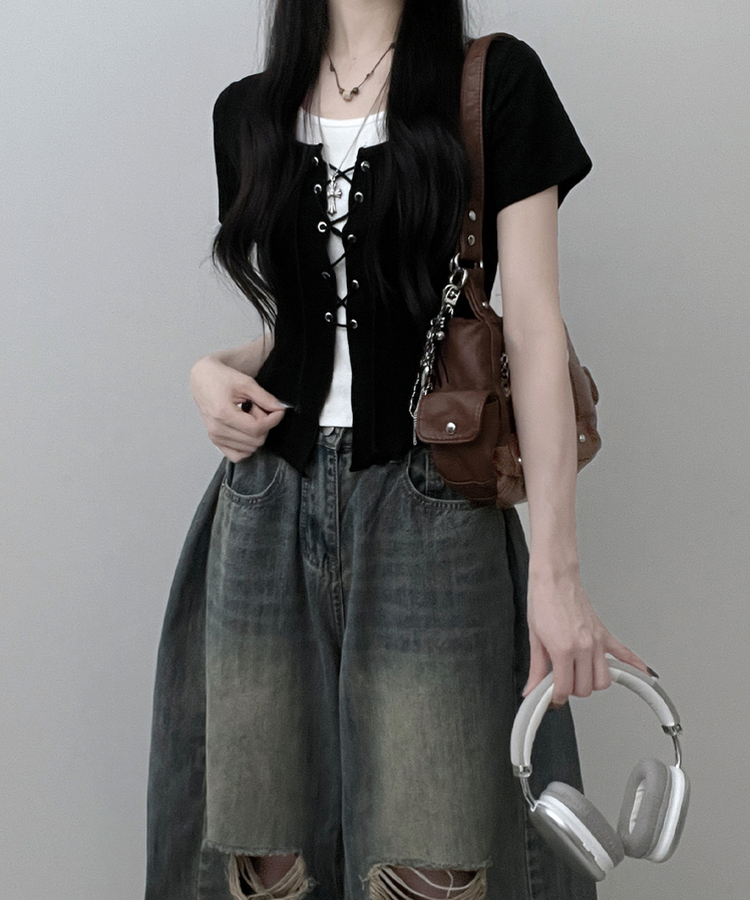バイカラーホールター半袖カーディガン BLACK