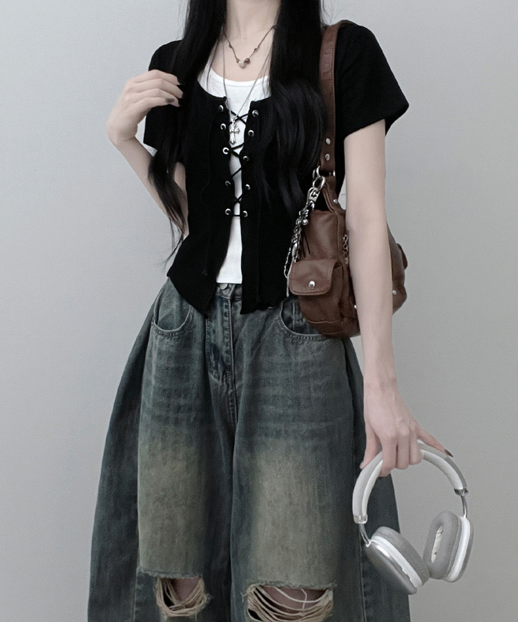 バイカラーホールター半袖カーディガン BLACK